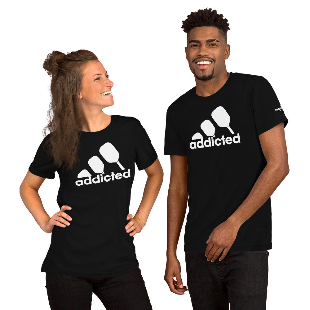 smiling couple wearing black addicted pickleball shirt