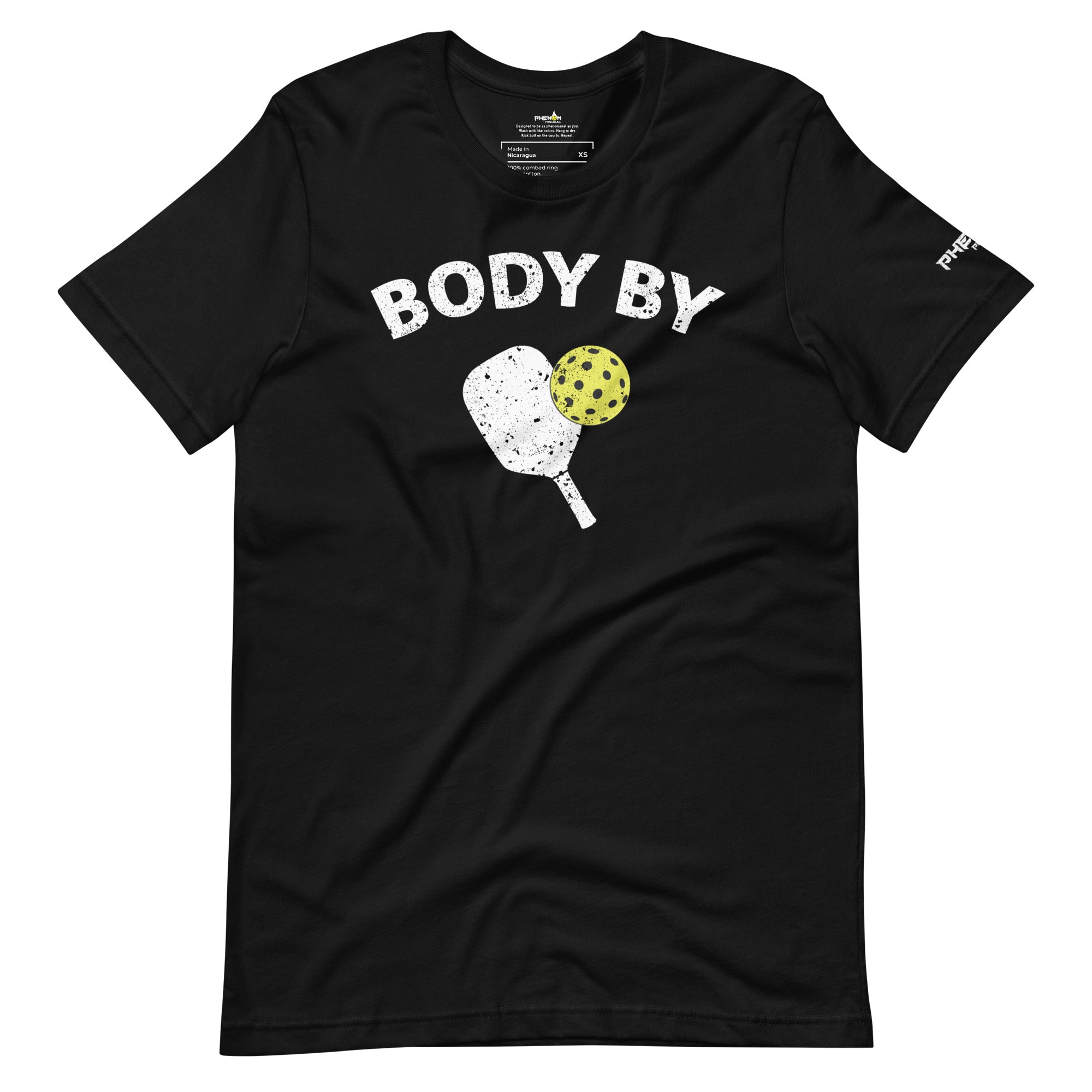 black body by pickleball shirt apparel with paddle and ball weathered look front view