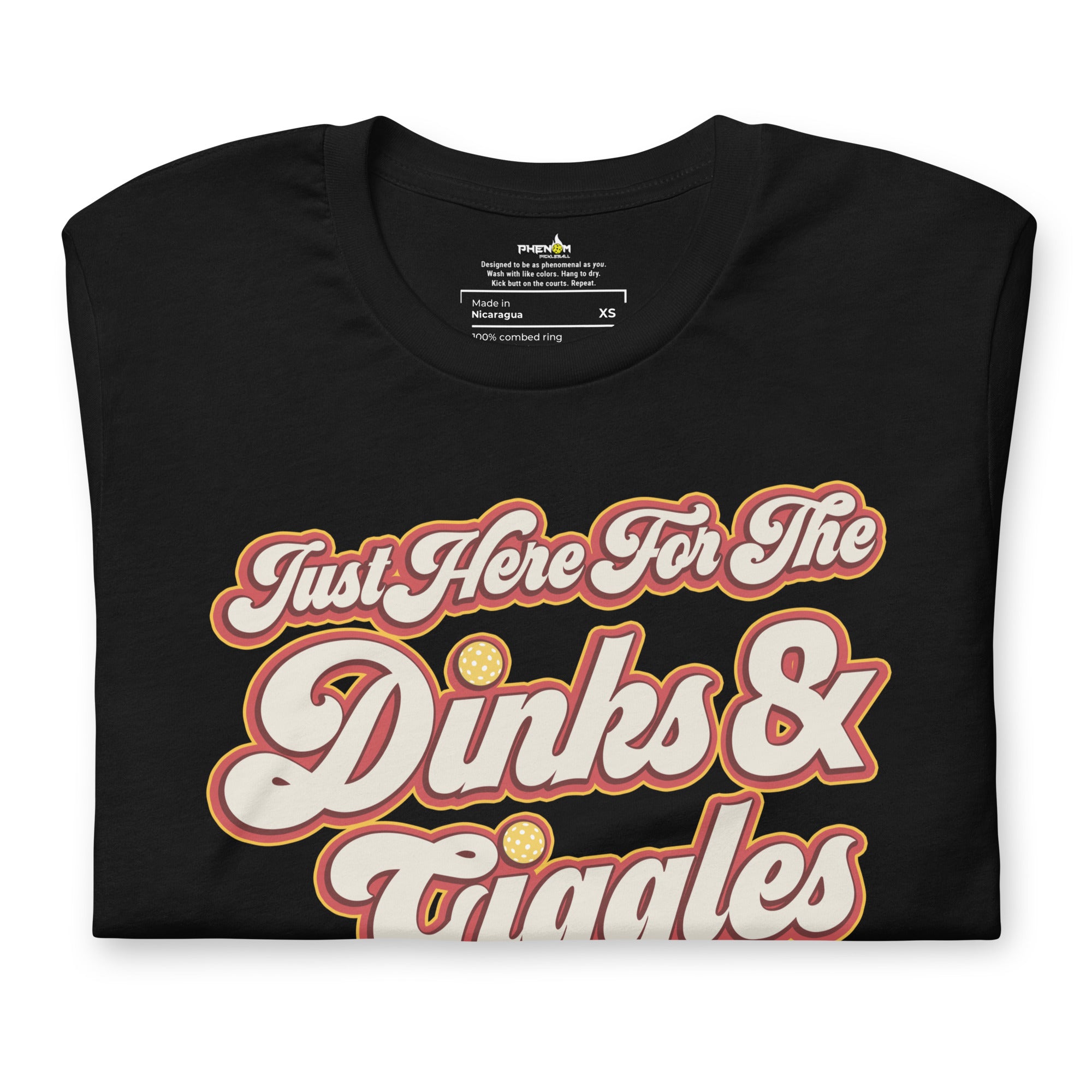 close up of black just here for the dinks and giggles pickleball shirt apparel front view
