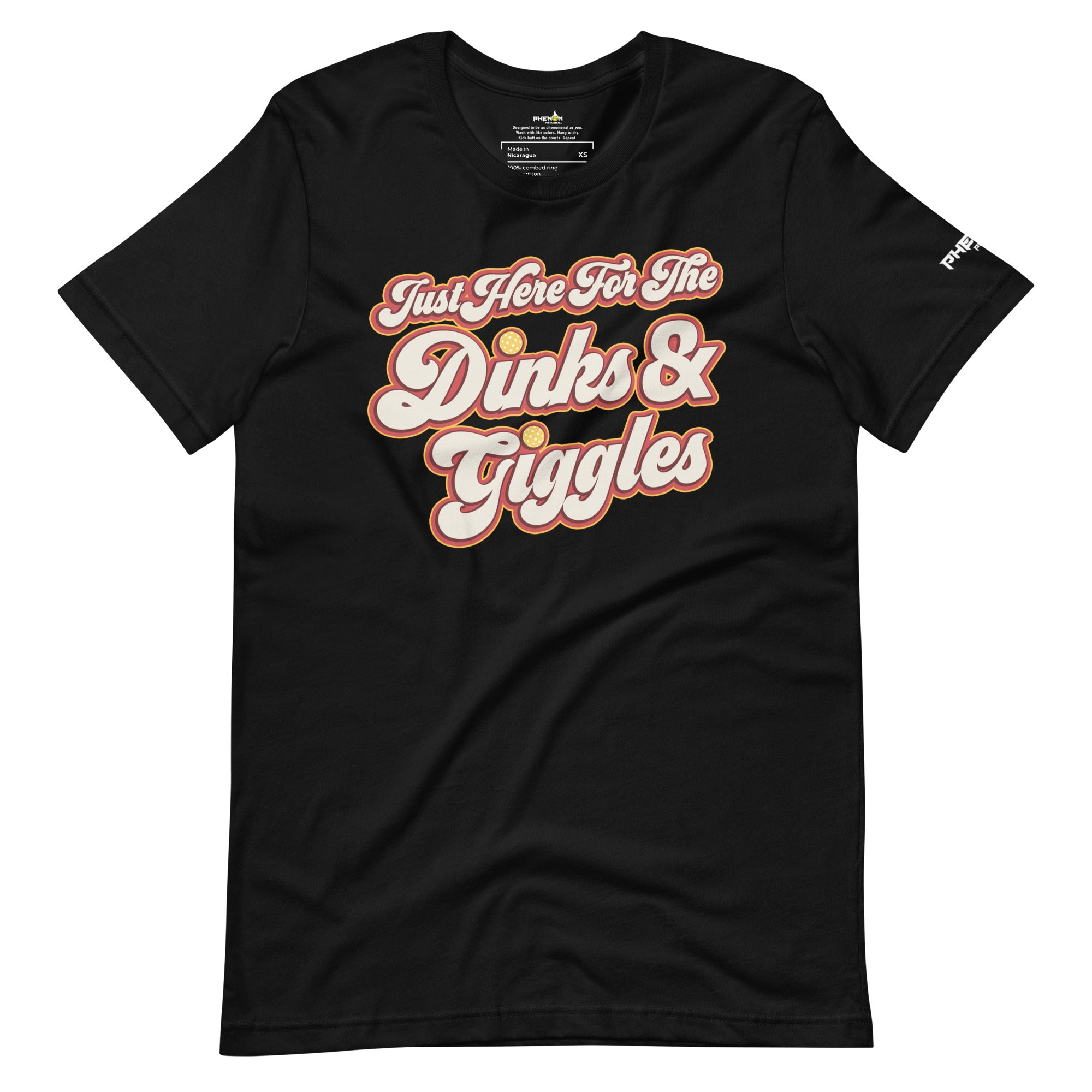 black just here for the dinks and giggles pickleball shirt apparel front view