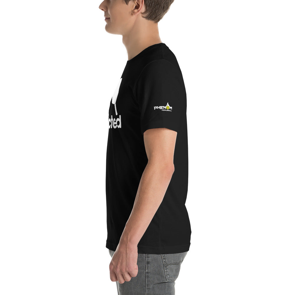 young man wearing black phenom pickleball shirt view from side