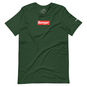 forest green banger pickleball shirt with white text on red background supreme style phenom front view