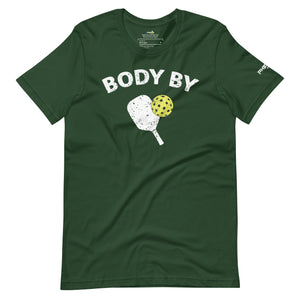 forest green body by pickleball shirt apparel with paddle and ball weathered look front view