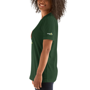 smiling woman with curly hair wearing forest green don't coach me bro pickleball shirt apparel phenom logo left side view