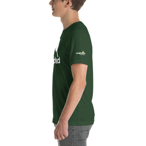 young man wearing forest green phenom pickleball shirt side view