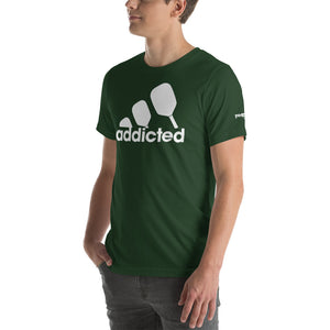 young man wearing addicted forest green pickleball shirt left side view