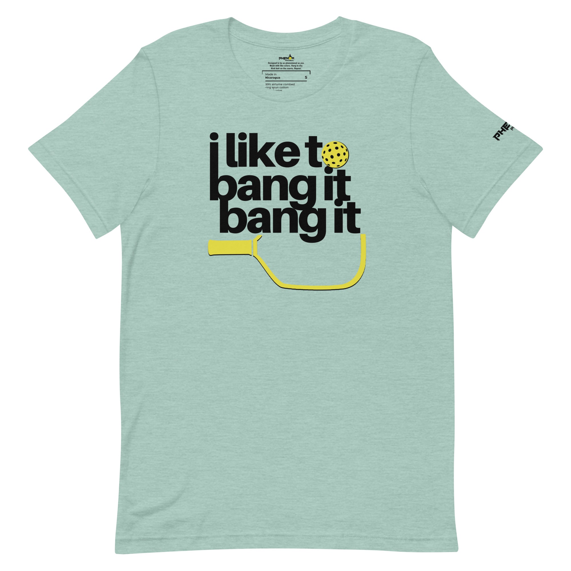 heather mint green i like to bang it bang it pickleball shirt athletic performance apparel front view