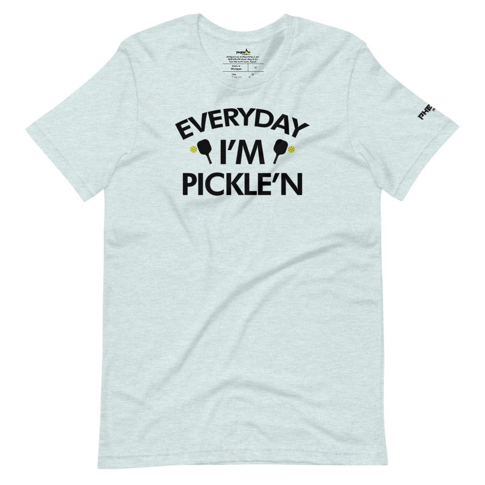 heather light blue everyday I'm pickle'n pickleball shirt apparel front view