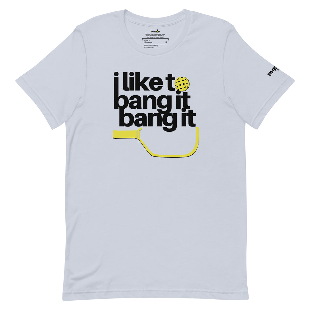 light blue i like to bang it bang it pickleball shirt athletic performance apparel front view