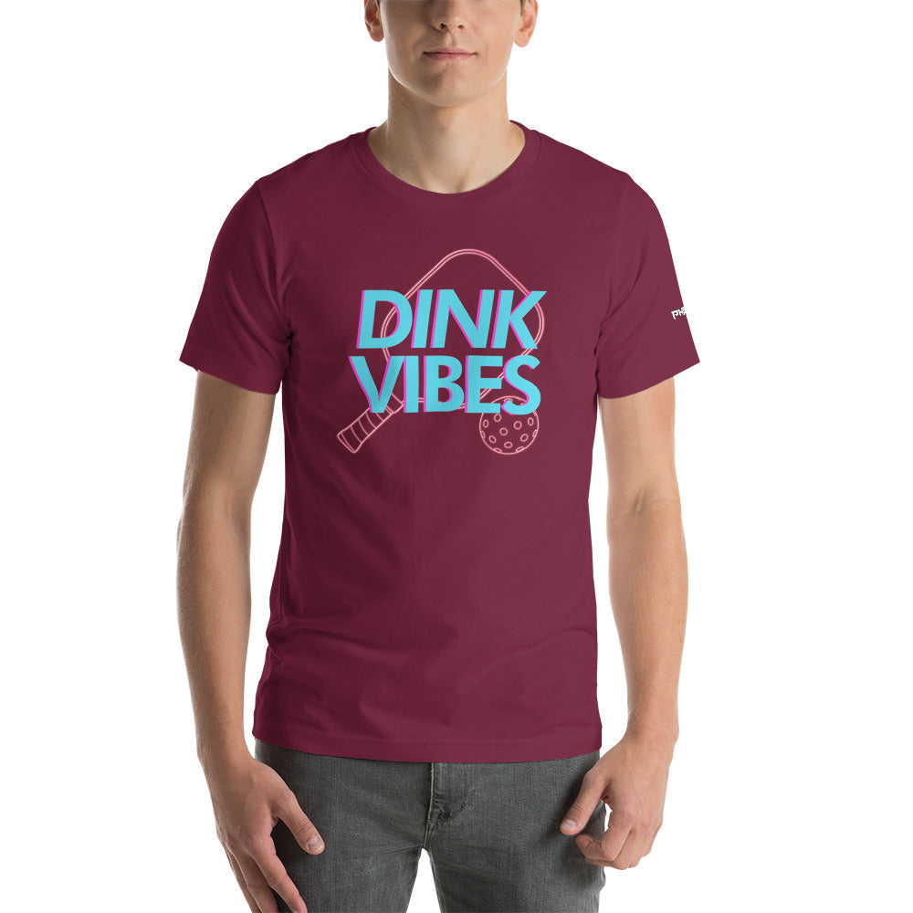 man wearing maroon dink vibes neon inspired pickleball apparel shirt front view