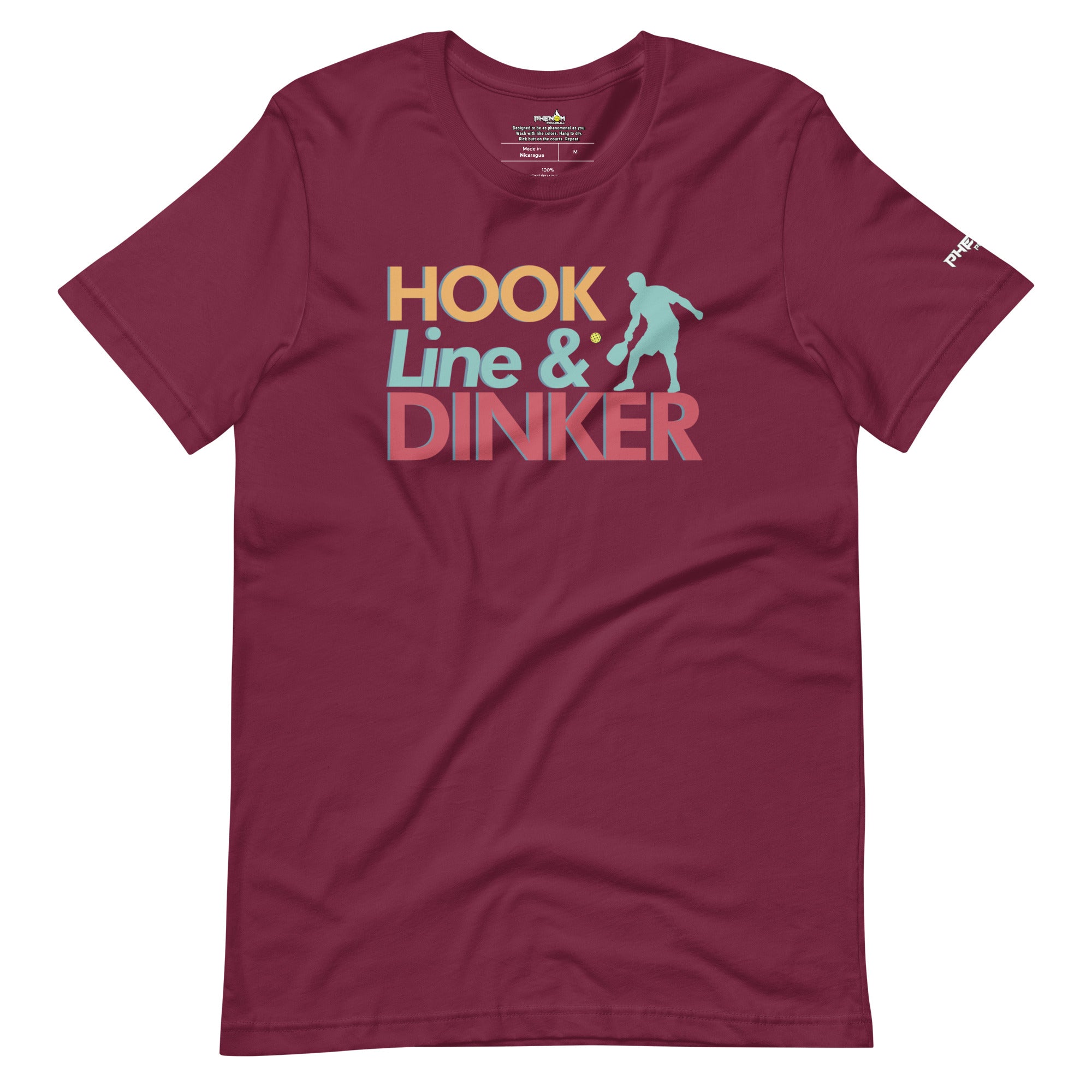 maroon hook line dinker pickleball shirt apparel front view