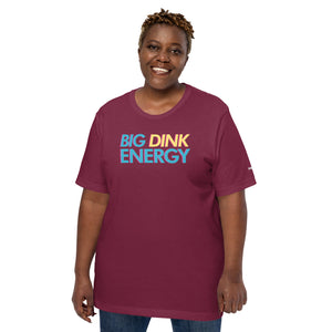 plus sized woman wearing maroon big dink energy pickleball apparel shirt front view