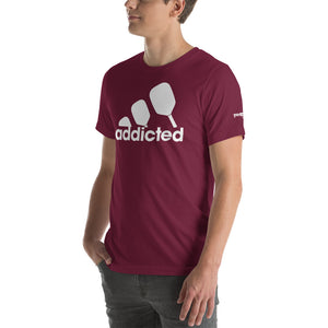 young male model wearing maroon addicted pickleball shirt left side view