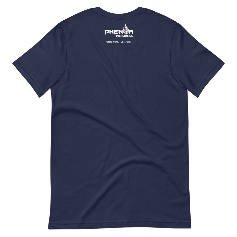 navy blue just dink it chicago pickleball shirt athletic apparel performance top phenom logo back view