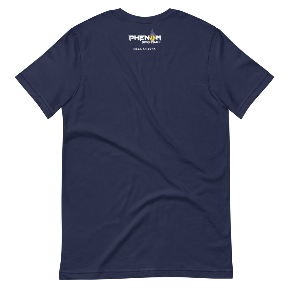 navy blue just dink it mesa arizona pickleball shirt performance apparel athletic top phenom logo back view