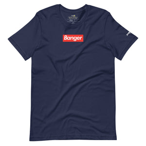 navy blue banger pickleball shirt with white text on red background supreme style phenom front view