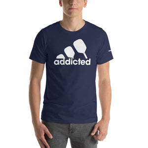 young male model wearing navy blue addicted pickleball shirt