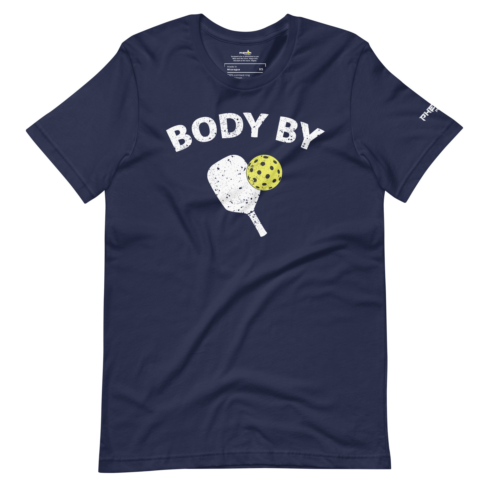 navy blue body by pickleball shirt apparel with paddle and ball weathered look front view