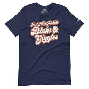 navy blue just here for the dinks and giggles pickleball shirt apparel front view