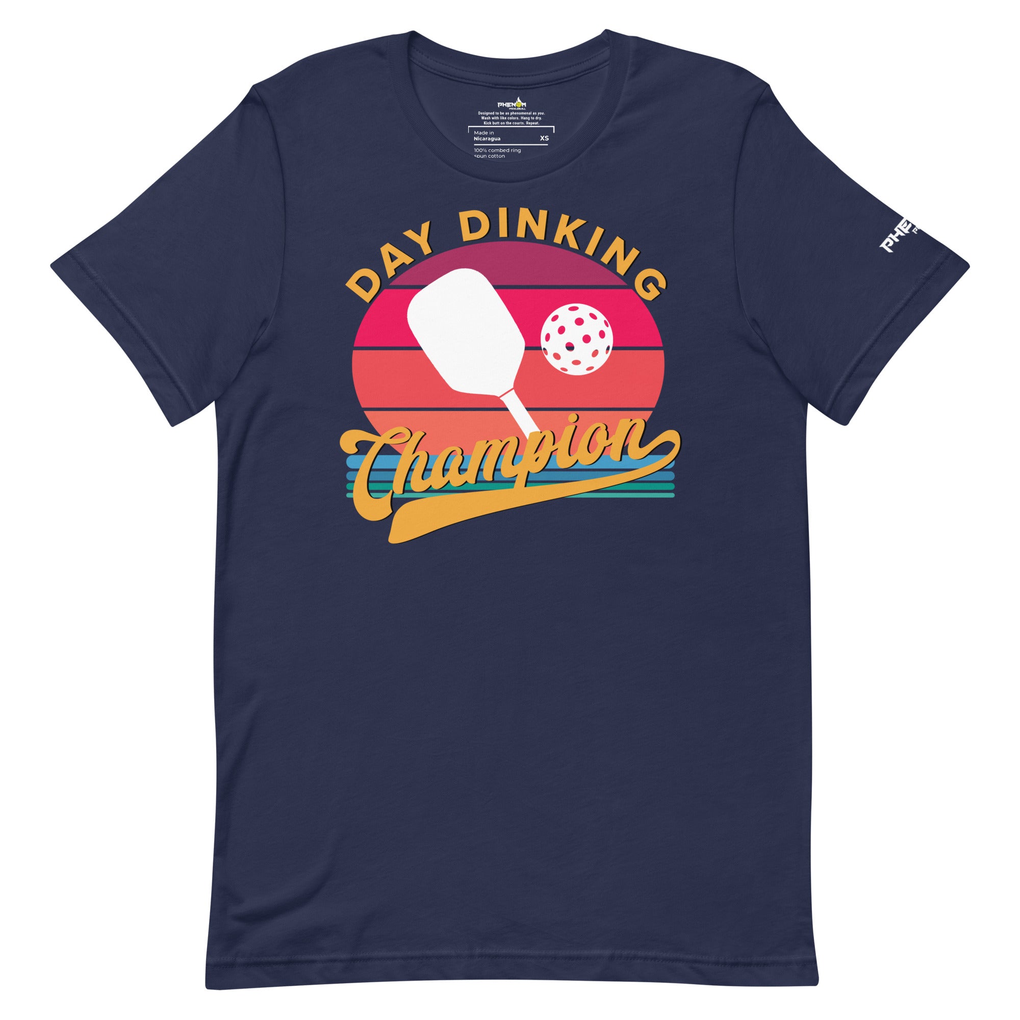navy blue day dinking champion retro inspired pickleball shirt apparel front view