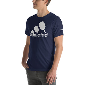 young male model wearing navy blue addicted pickleball shirt side view