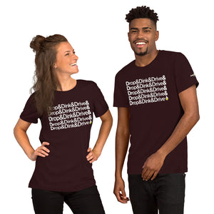 smiling couple wearing dark maroon burgundy drop & dink & drive pickleball apparel shirt front view