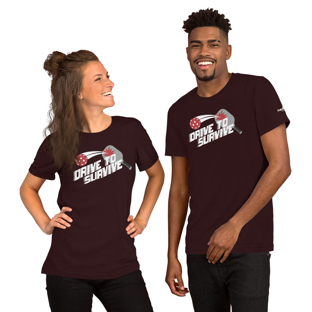smiling couple wearing dark maroon burgundy drive to survive pickleball shirt apparel front view