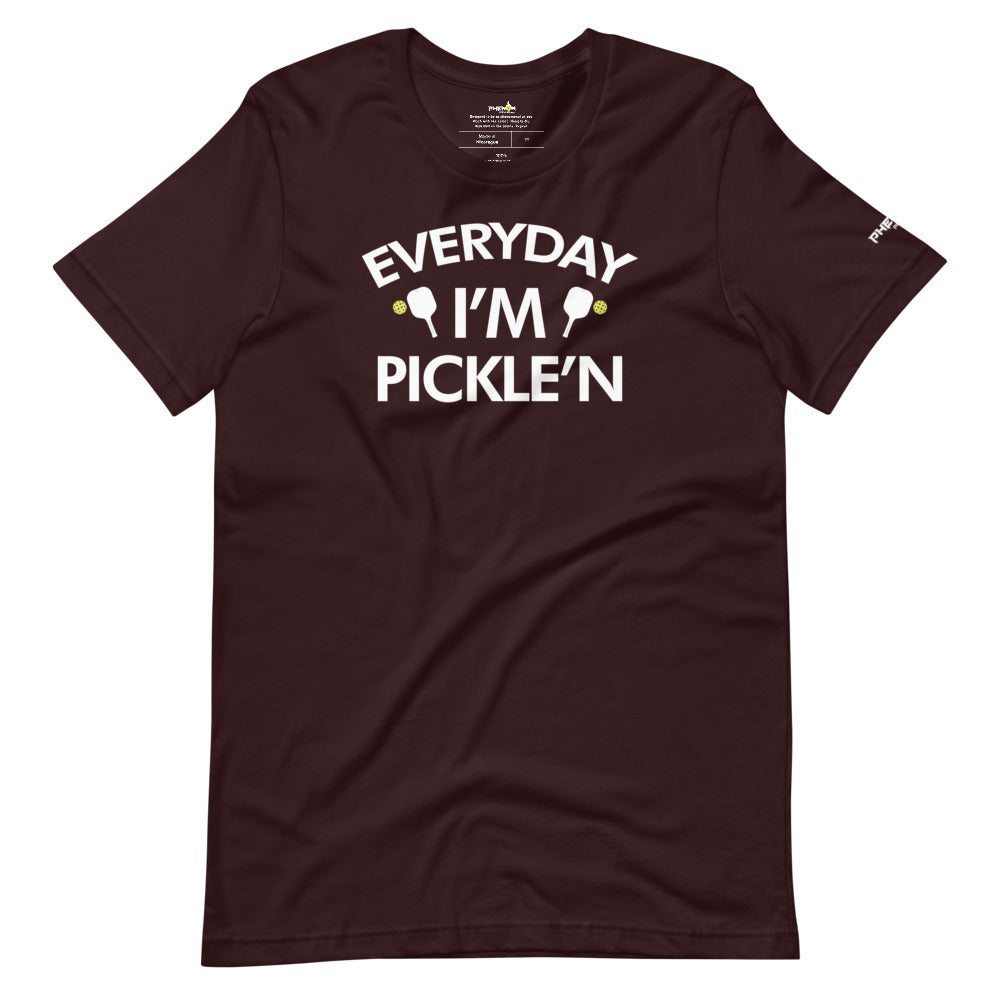 dark maroon burgundy everyday I'm pickle'n pickleball shirt apparel front view
