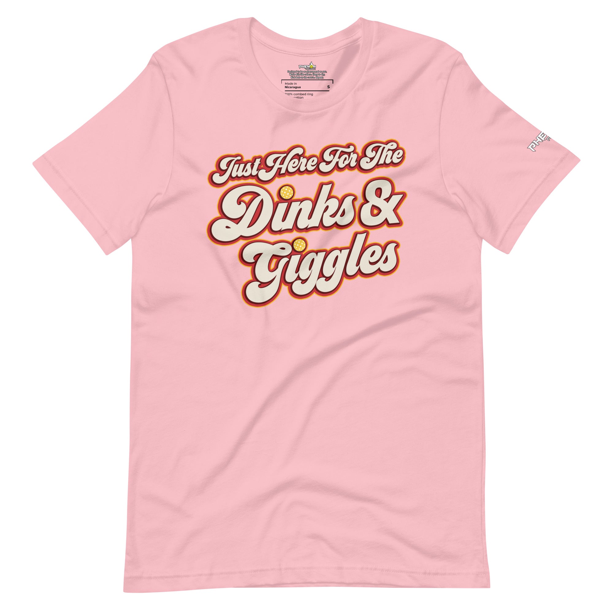 light pink just here for the dinks and giggles pickleball shirt apparel front view