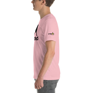 man wearing pink addicted phenom pickleball shirt side view