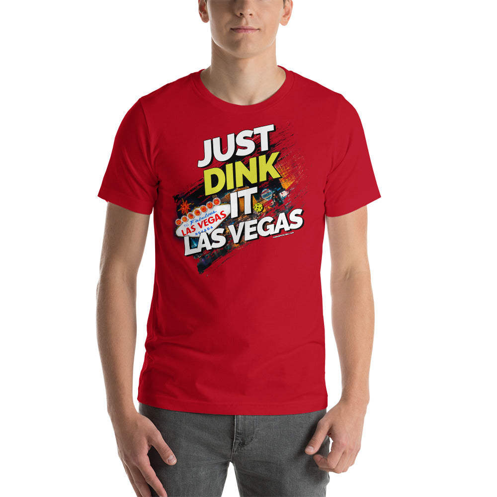 man wearing red just dink it las vegas pickleball shirt performance apparel athletic top front view
