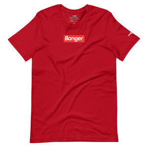 red banger pickleball shirt with white text on red background supreme style phenom front view