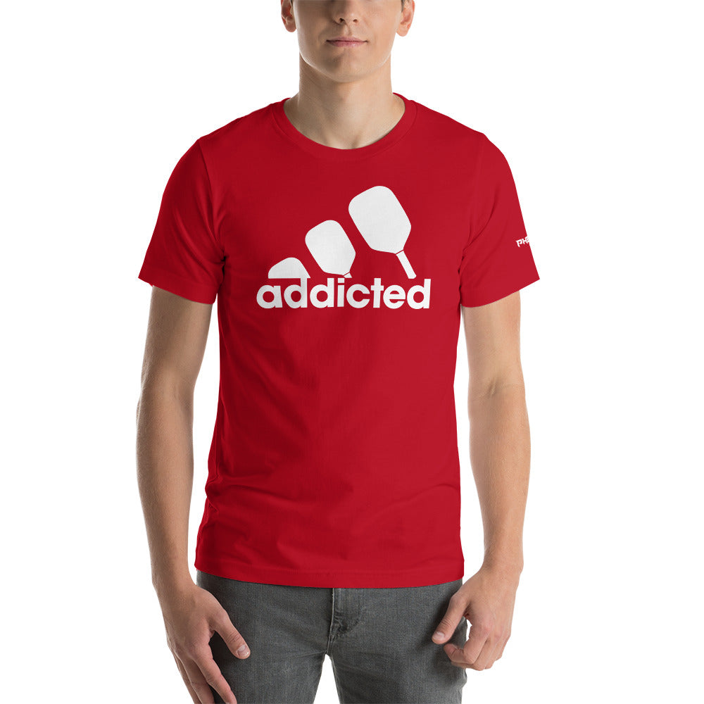 young man wearing red addicted pickleball shirt