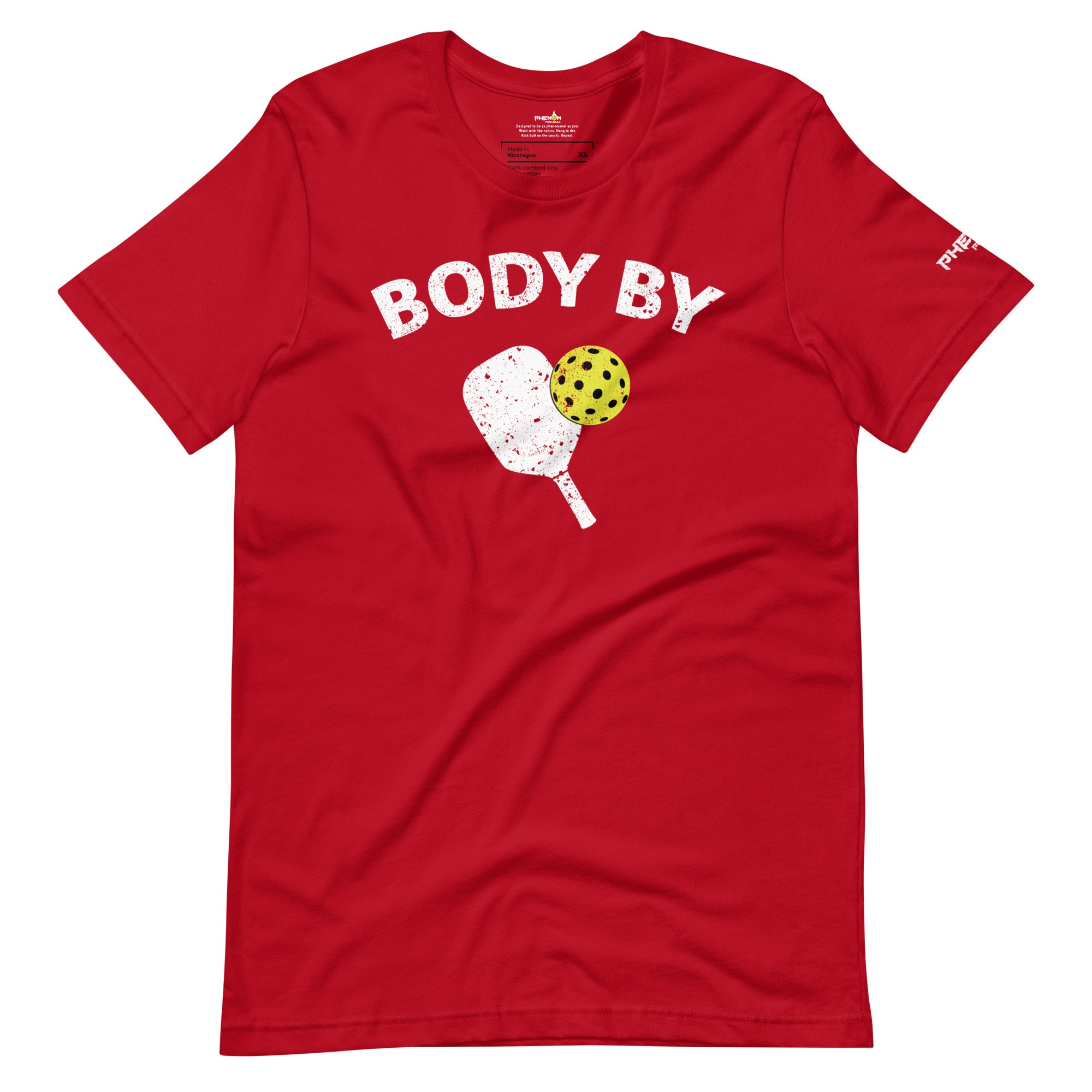 red body by pickleball shirt apparel with paddle and ball weathered look front view