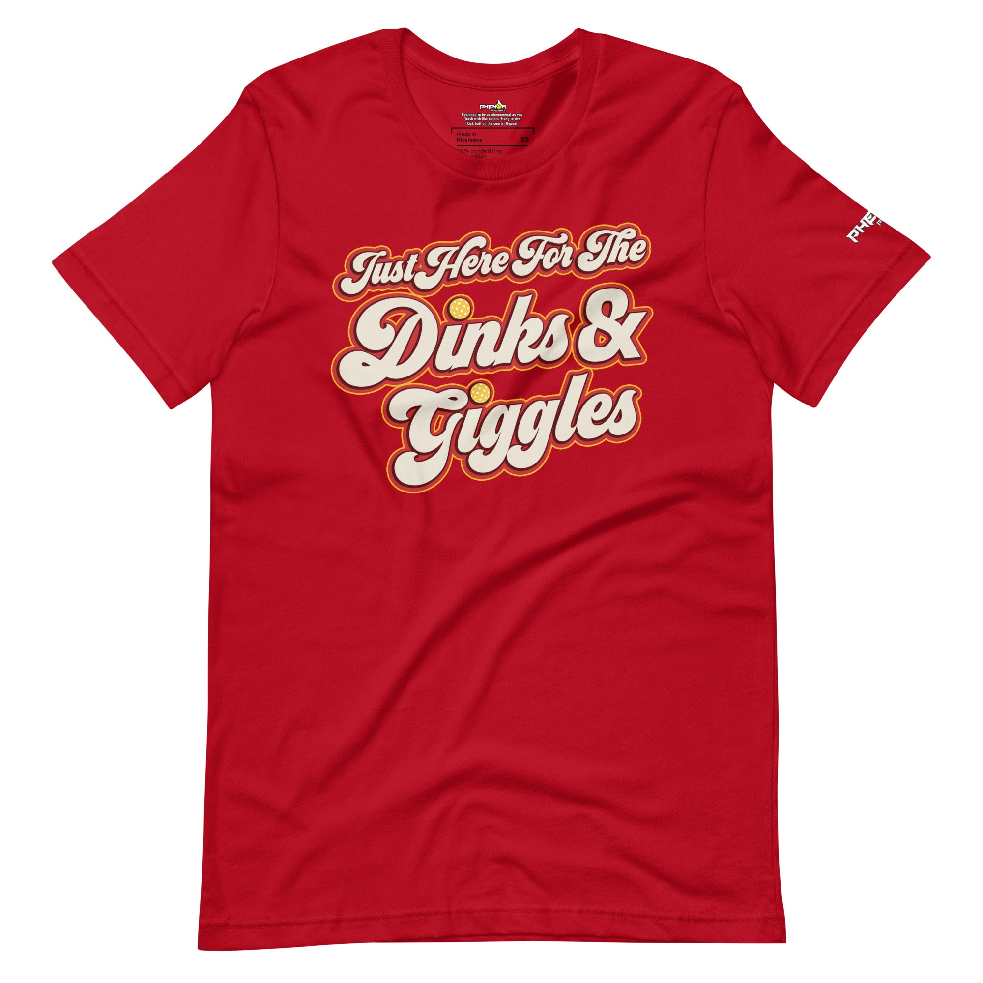 red just here for the dinks and giggles pickleball shirt apparel front view