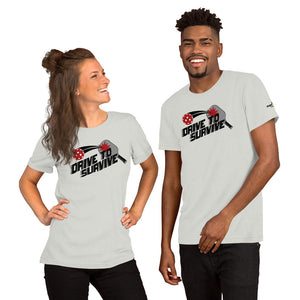 smiling couple wearing light gray drive to survive pickleball shirt apparel front view
