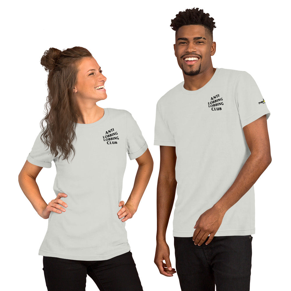 smiling couple wearing anti lobbing lobbing club pickleball apparel shirt light gray front