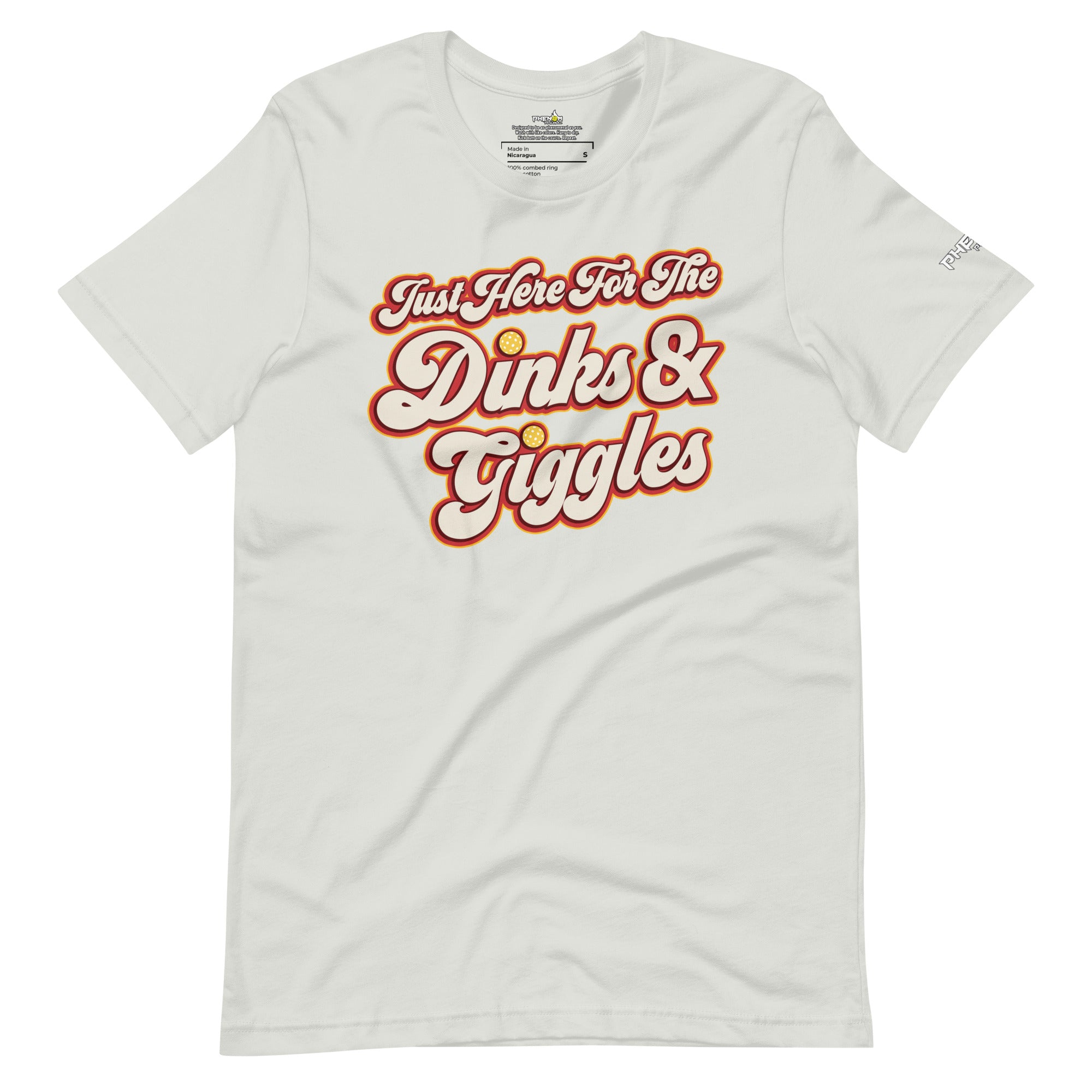 light gray just here for the dinks and giggles pickleball shirt apparel front view