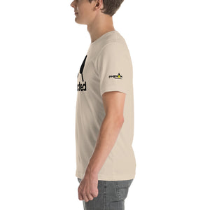 man wearing tan cream addicted phenom pickleball shirt side view