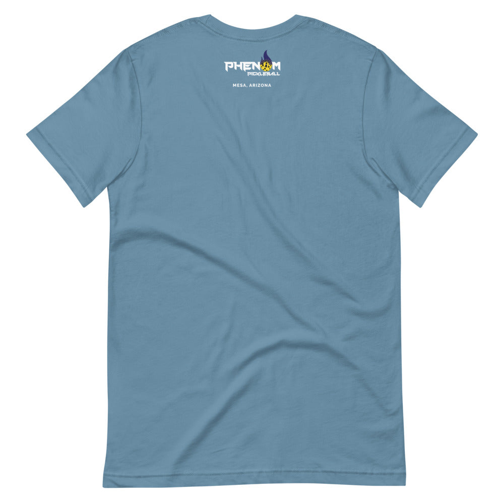 steel blue just dink it mesa arizona pickleball shirt performance apparel athletic top phenom logo back view