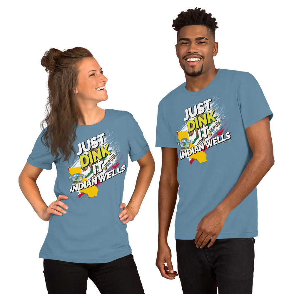 smiling couple wearing steel blue just dink it indian wells pickleball shirt performance apparel athletic top front view