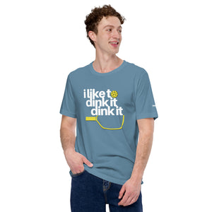 smiling man with curly hair wearing steel blue i like to dink it dink it pickleball apparel athletic performance shirt front view