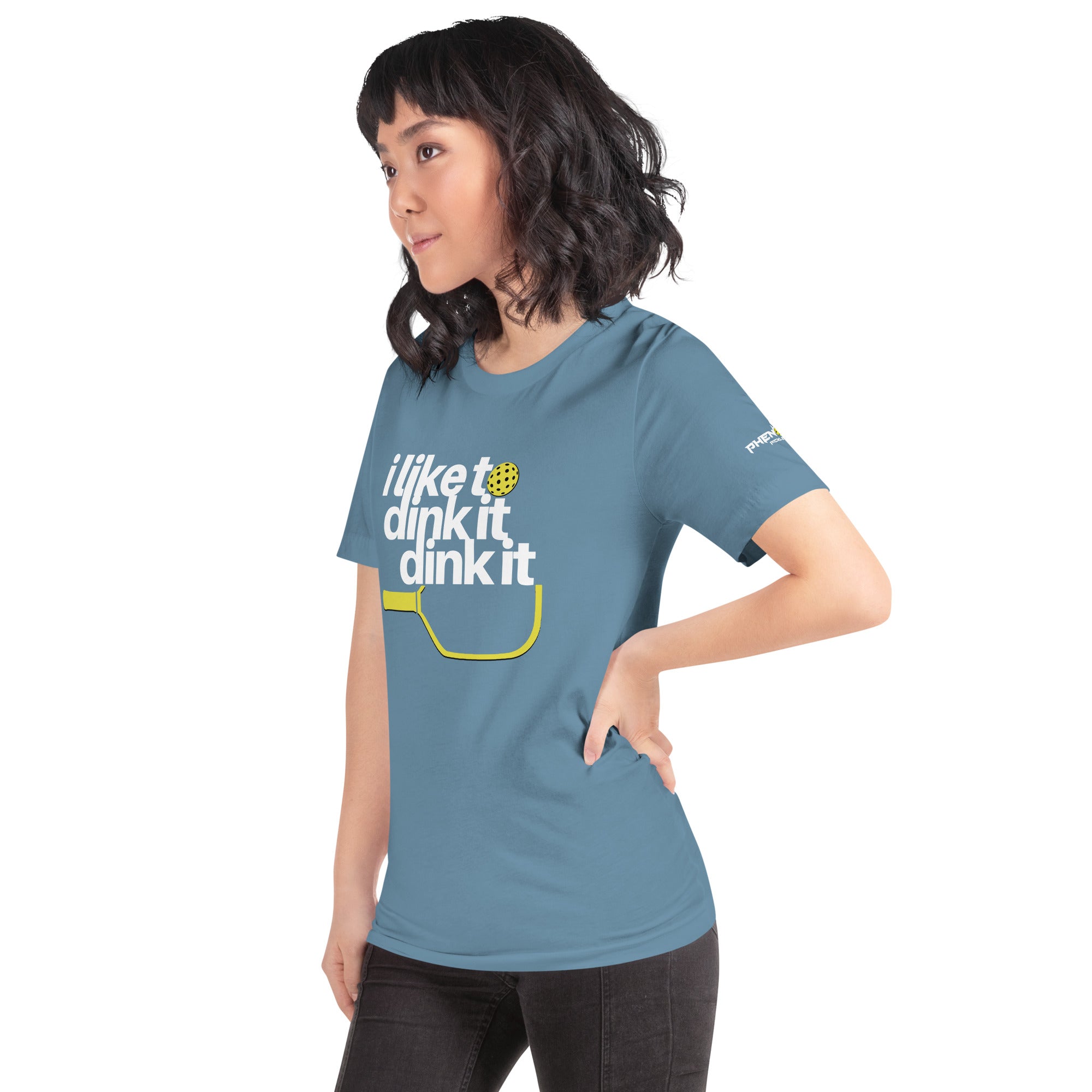petite asian woman wearing steel blue i like to dink it dink it pickleball apparel athletic performance shirt front view