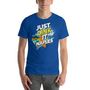 man wearing royal blue just dink it naples florida pickleball shirt performance apparel athletic top front view