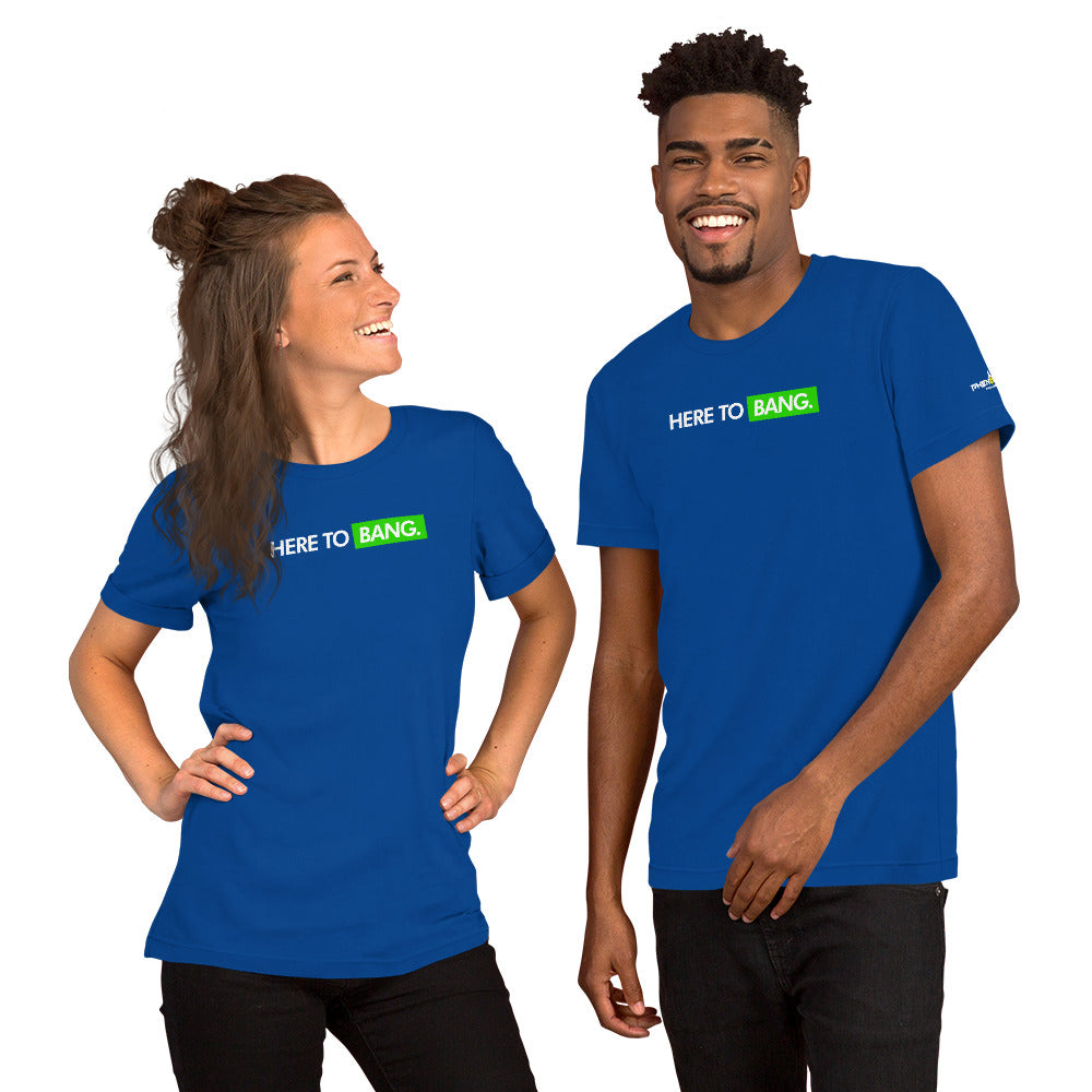 smiling couple wearing royal blue here to bang pickleball apparel shirt front view