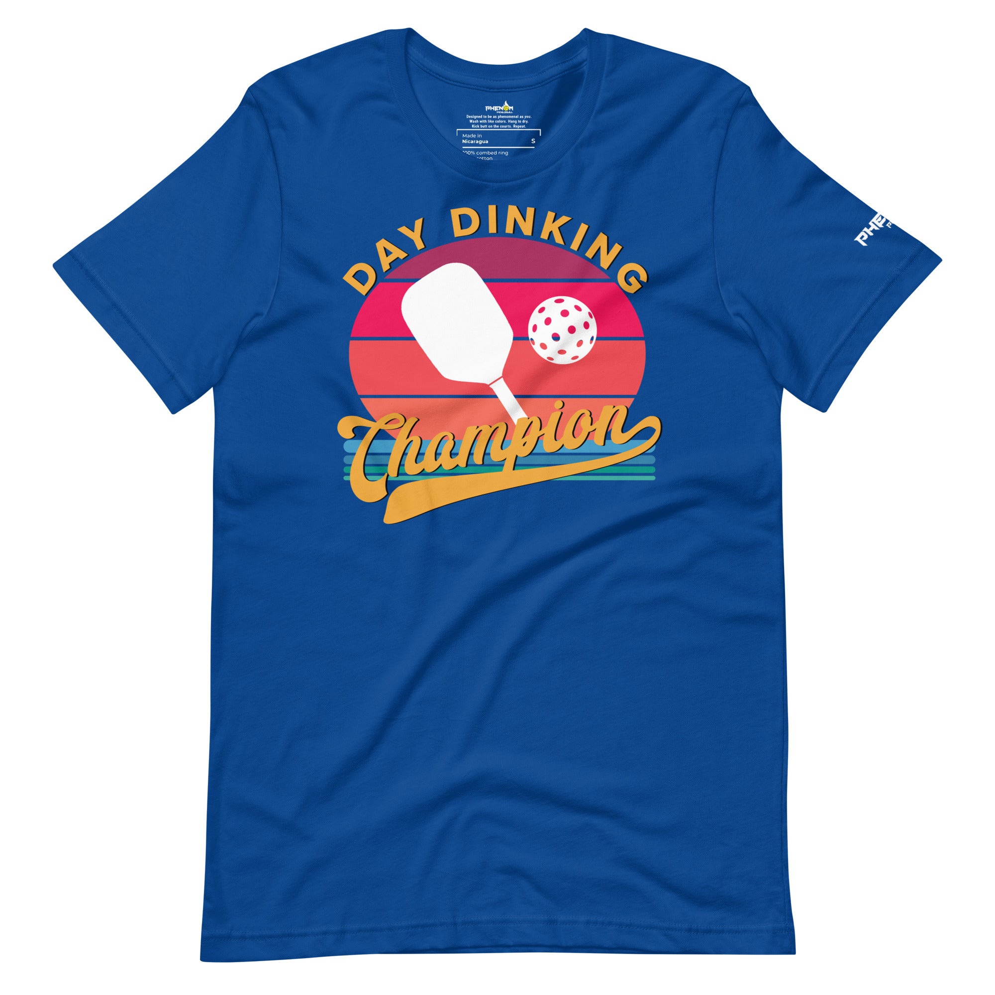 royal blue day dinking champion retro inspired pickleball shirt apparel front view