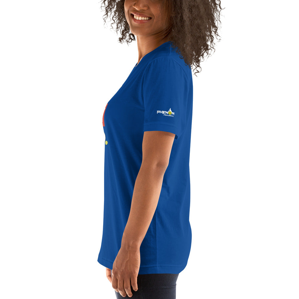 smiling woman with curly hair wearing royal blue don't coach me bro pickleball shirt apparel phenom logo left side view