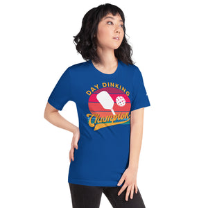 asian women petite wearing royal blue day dinking champion retro inspired pickleball shirt apparel right side view