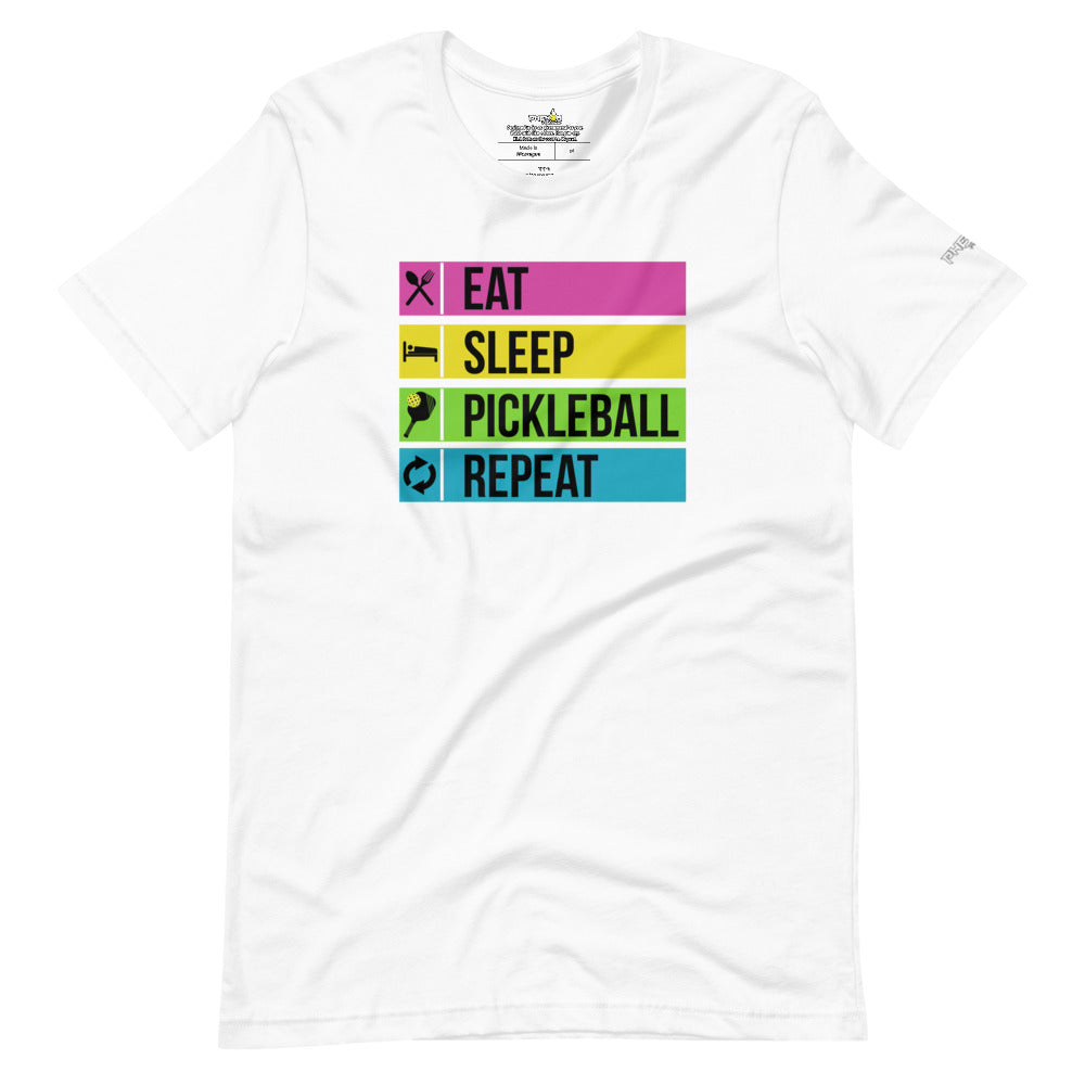 white eat sleep pickleball repeat pickleball apparel shirt front view