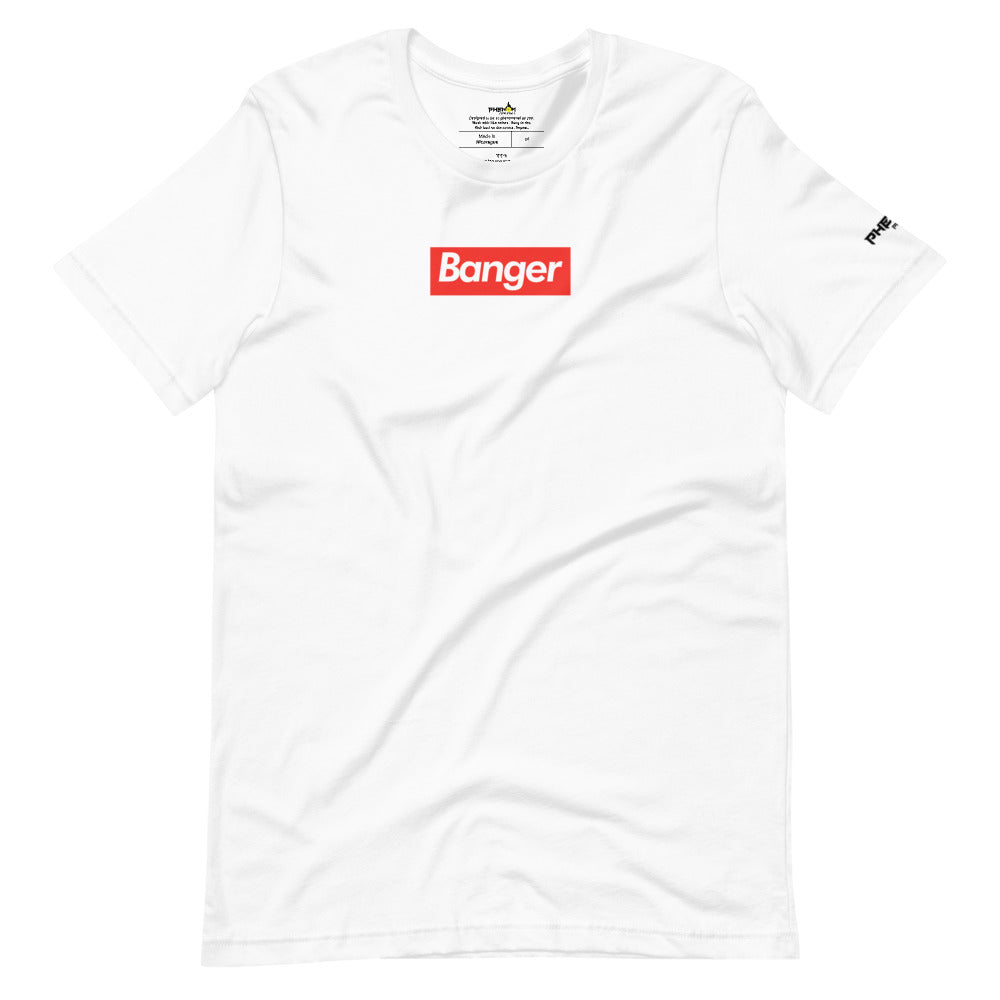 white banger pickleball shirt with white text on red background supreme style front view